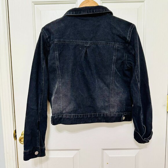 ASHLEY MASON STUDDED BOW RIBBON FADED BLACK CROPPED DENIM JEAN JACKET - Picture 2 of 6